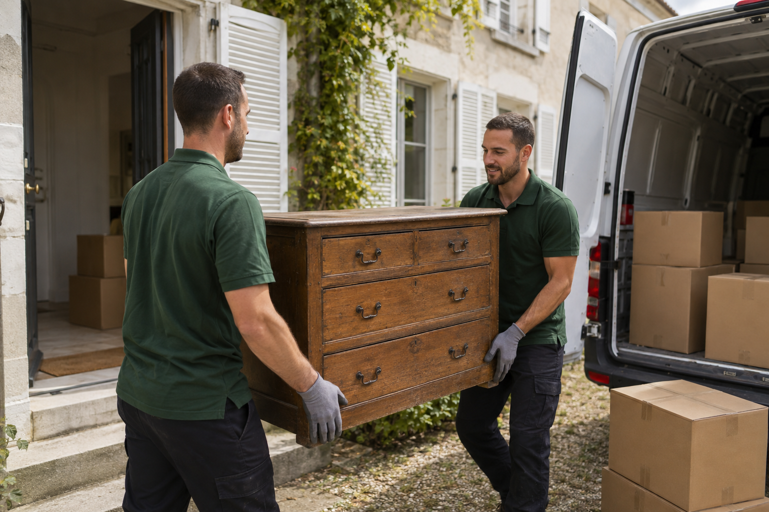 Illustration de deux professionnels évacuant une commode vers un utilitaire lors d’un débarras.